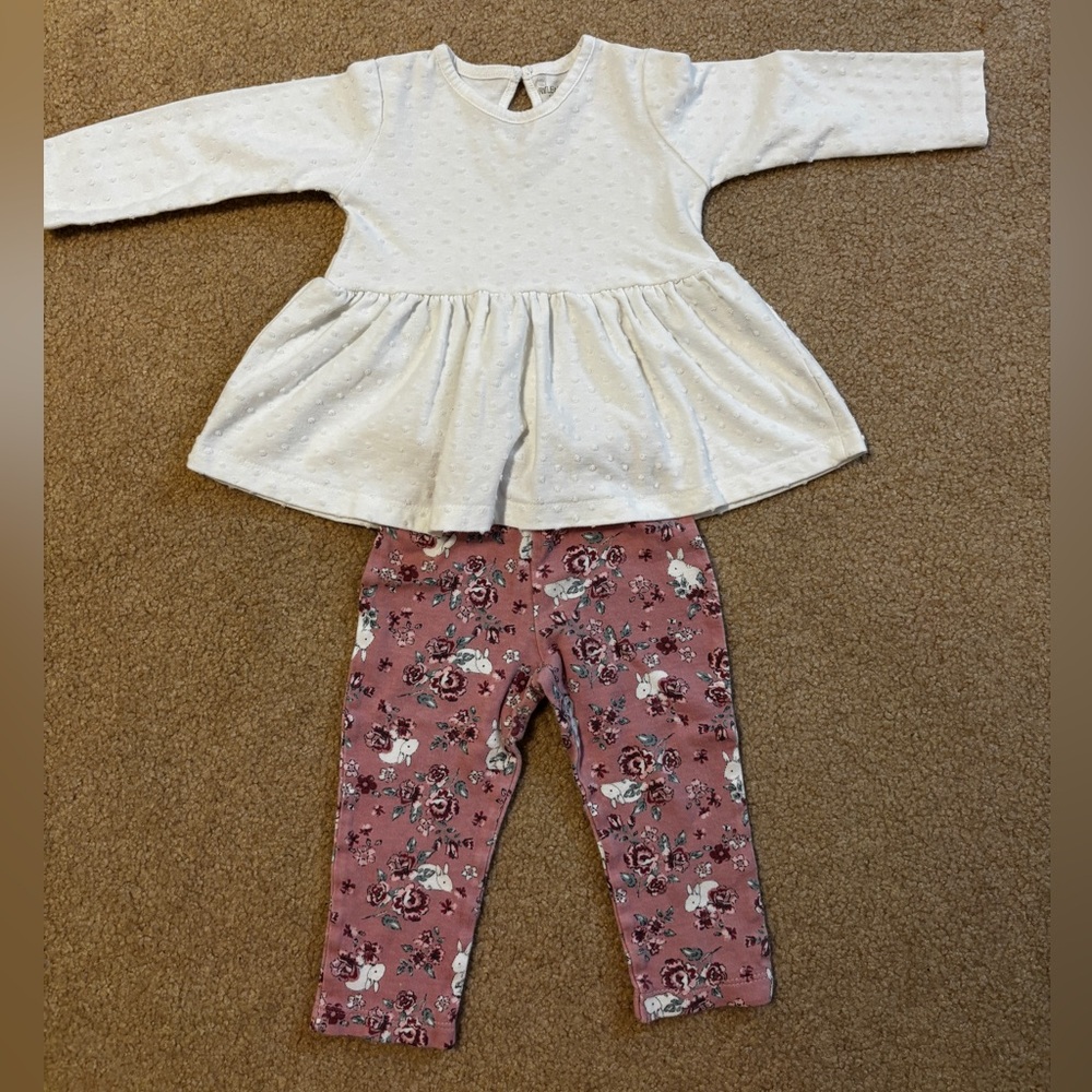 White Top and Pink Floral Leggings Set Size 18 Months